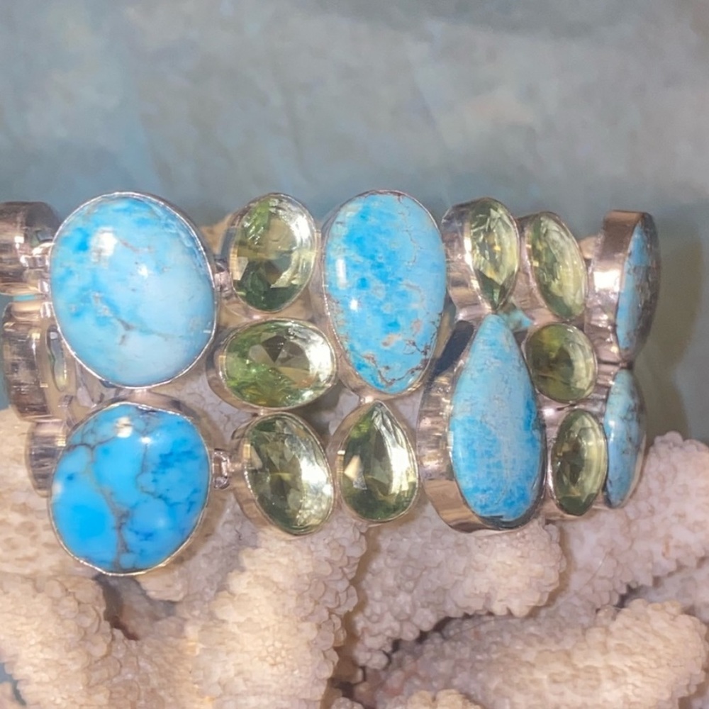 Tibetan Turquoise + Peridot gem cluster statement cuff